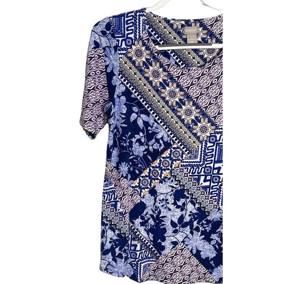 Chicos Blue Patchwork Print Blouse Medium Short Sleeve Boho Floral Top - Picture 2 of 12